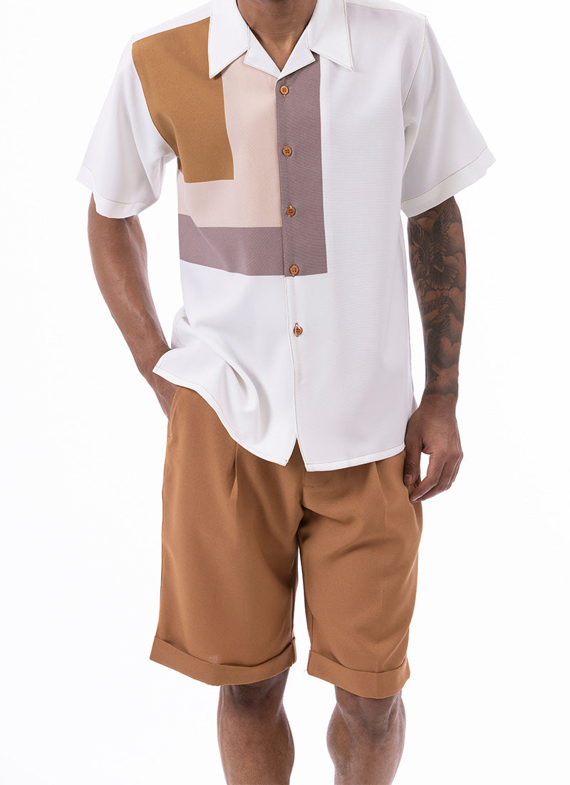Cognac Geometric Design Walking Suit 2 Piece Short Sleeve Set with Shorts