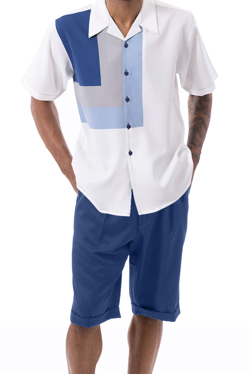 Navy Geometric Design Walking Suit 2 Piece Short Sleeve Set with Shorts