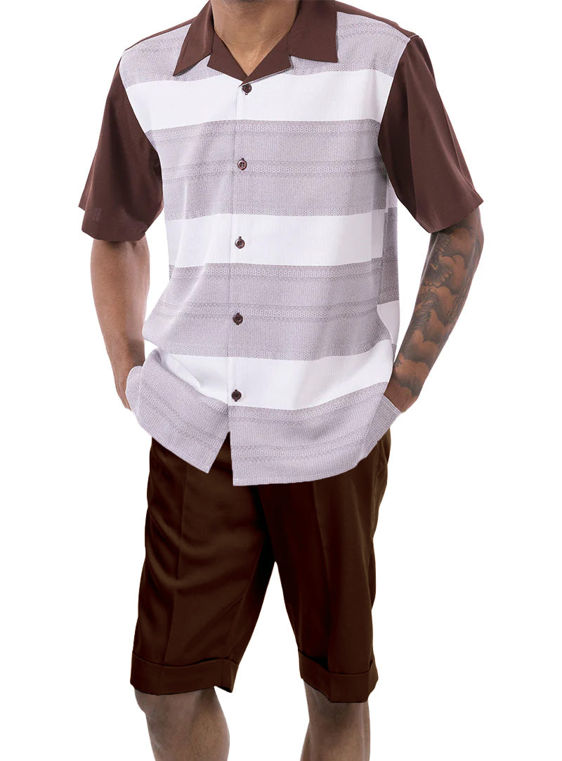 Brown Horizontal Stripes 2 Piece Walking Suit Set with Shorts