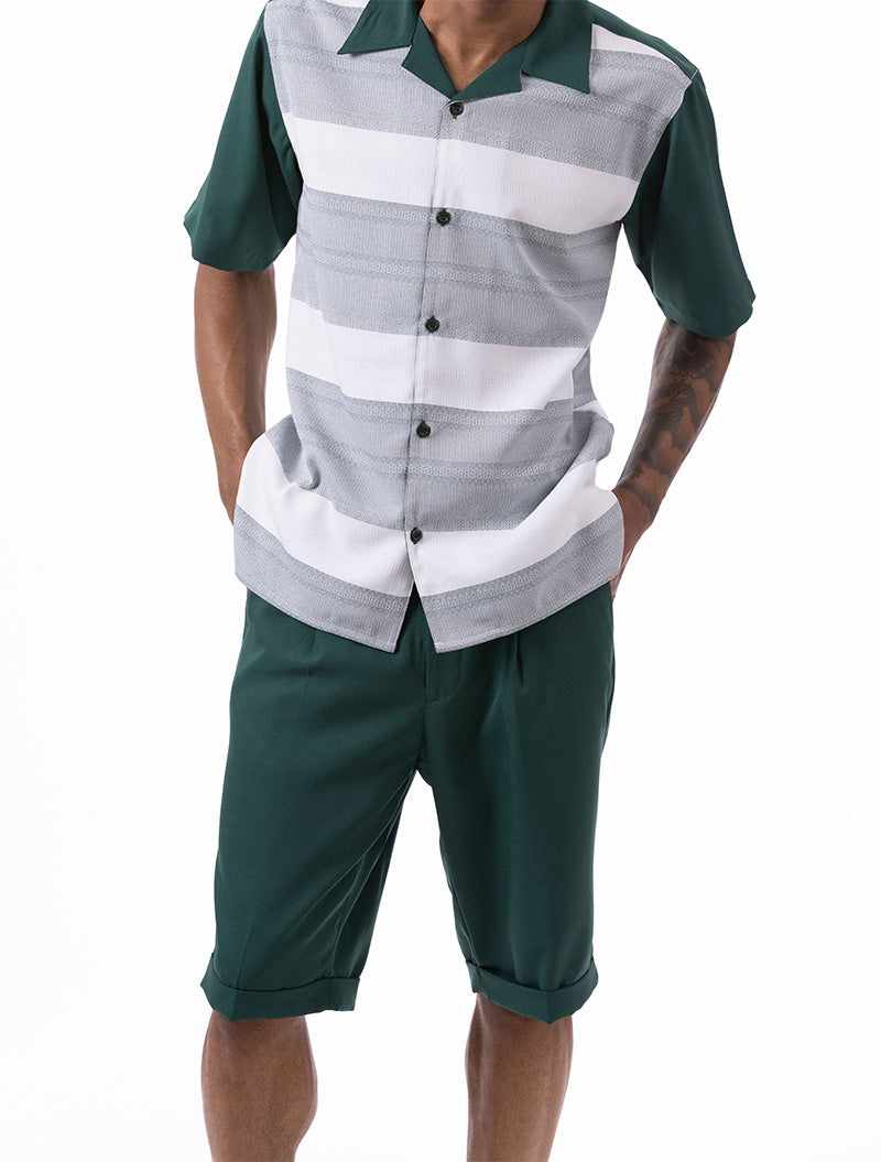 Emerald Green Horizontal Stripes 2 Piece Walking Suit Set with Shorts