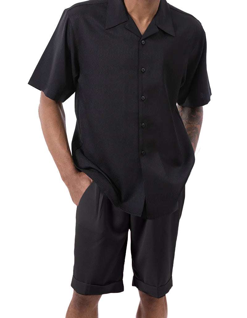 Black Walking Suit Tone on Tone Vertical Stripes 2 Piece Short Sleeve Set with Shorts