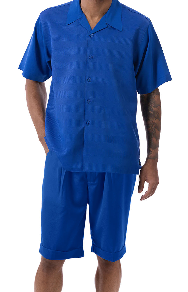 Cobalt Blue Walking Suit Tone on Tone Vertical Stripes 2 Piece Short Sleeve Set with Shorts