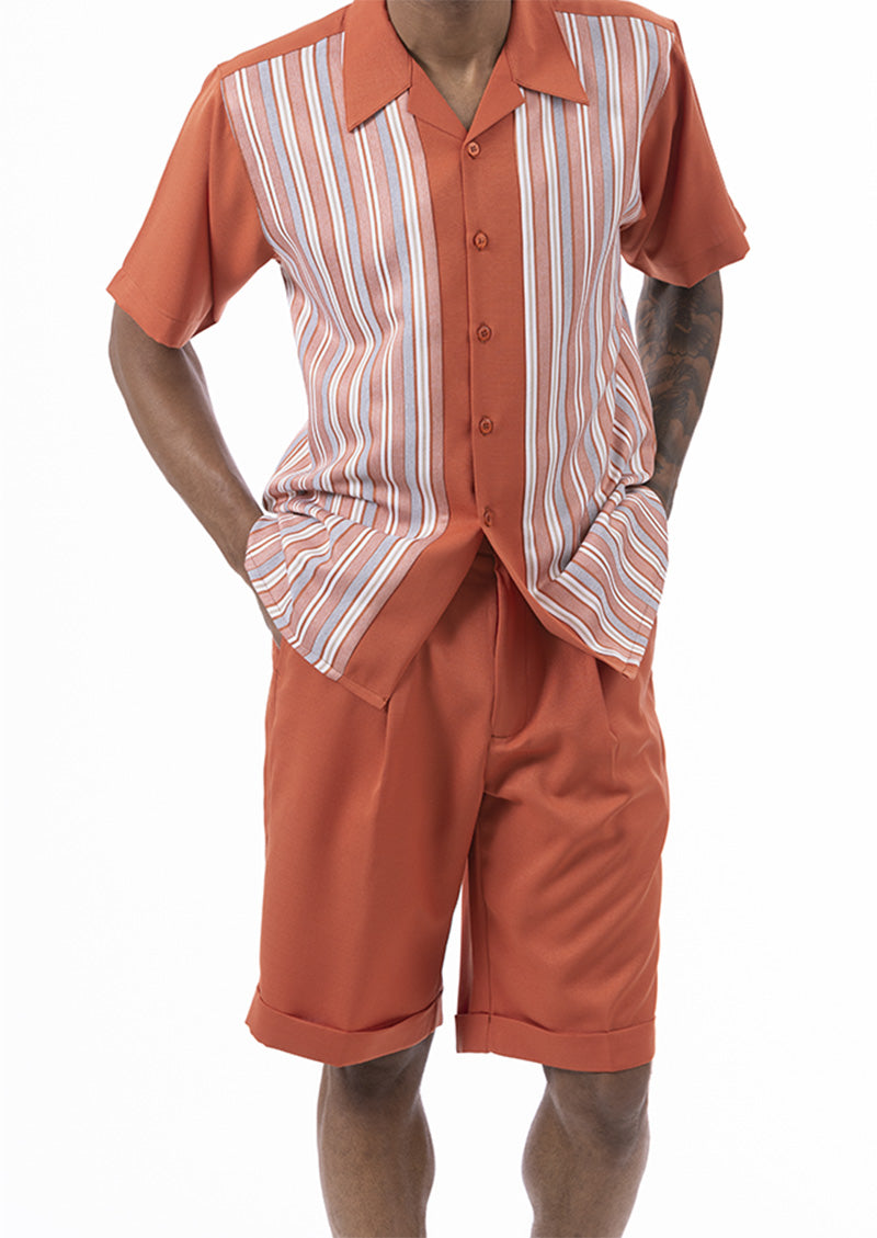 Papaya Tone on Tone Stripes Walking Suit 2 Piece Short Sleeve Set with Shorts