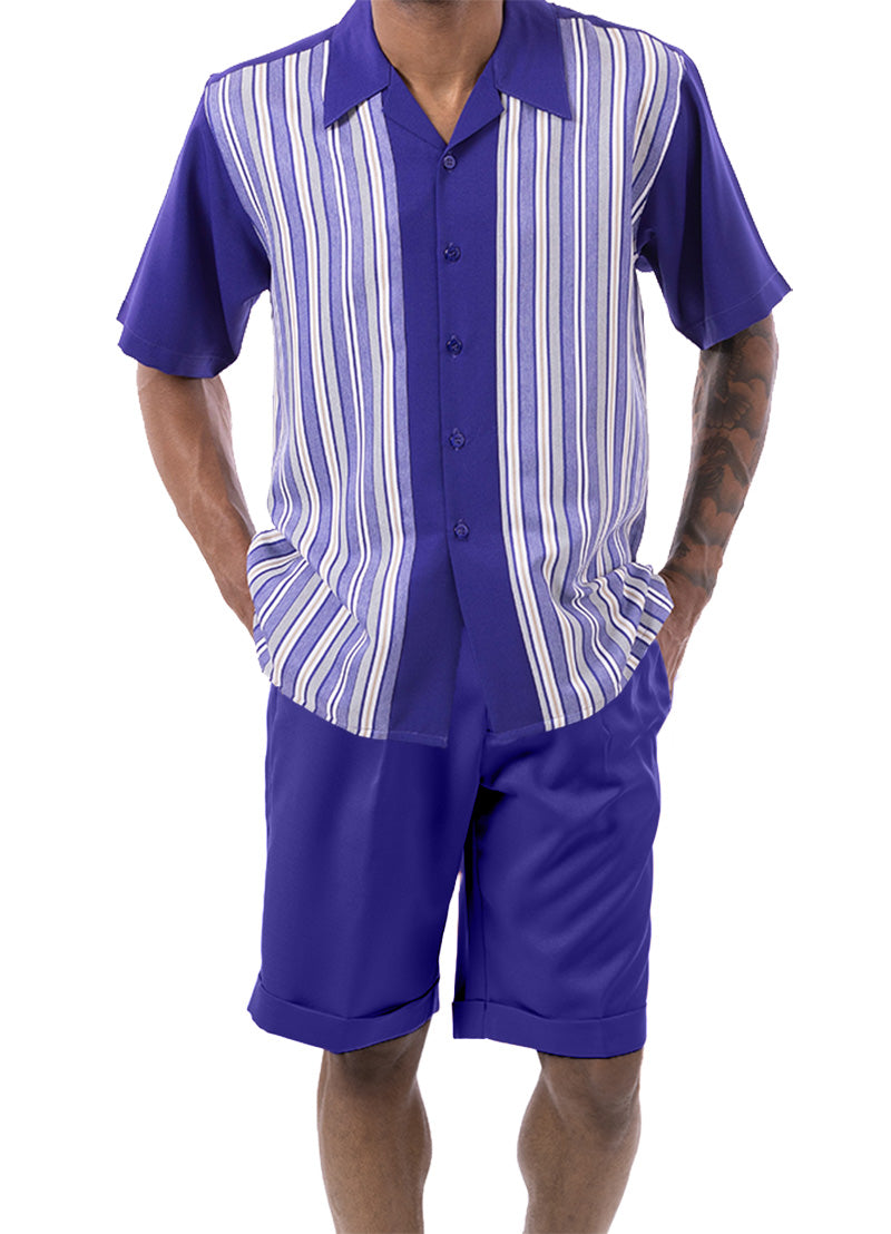 Purple Tone on Tone Stripes Walking Suit 2 Piece Short Sleeve Set with Shorts