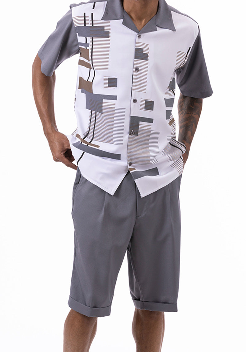 Gray Line Pattern Walking Suit 2 Piece Short Sleeve Set with Shorts