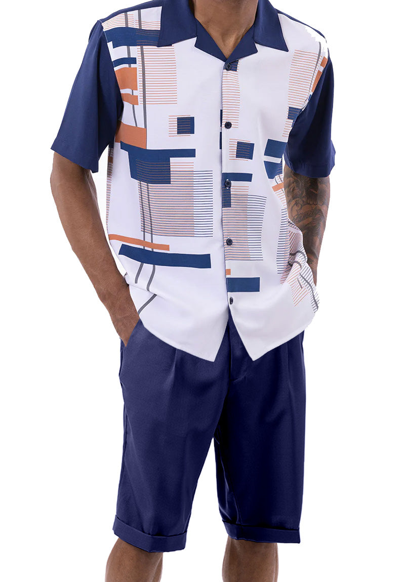 Navy Line Pattern Walking Suit 2 Piece Short Sleeve Set with Shorts