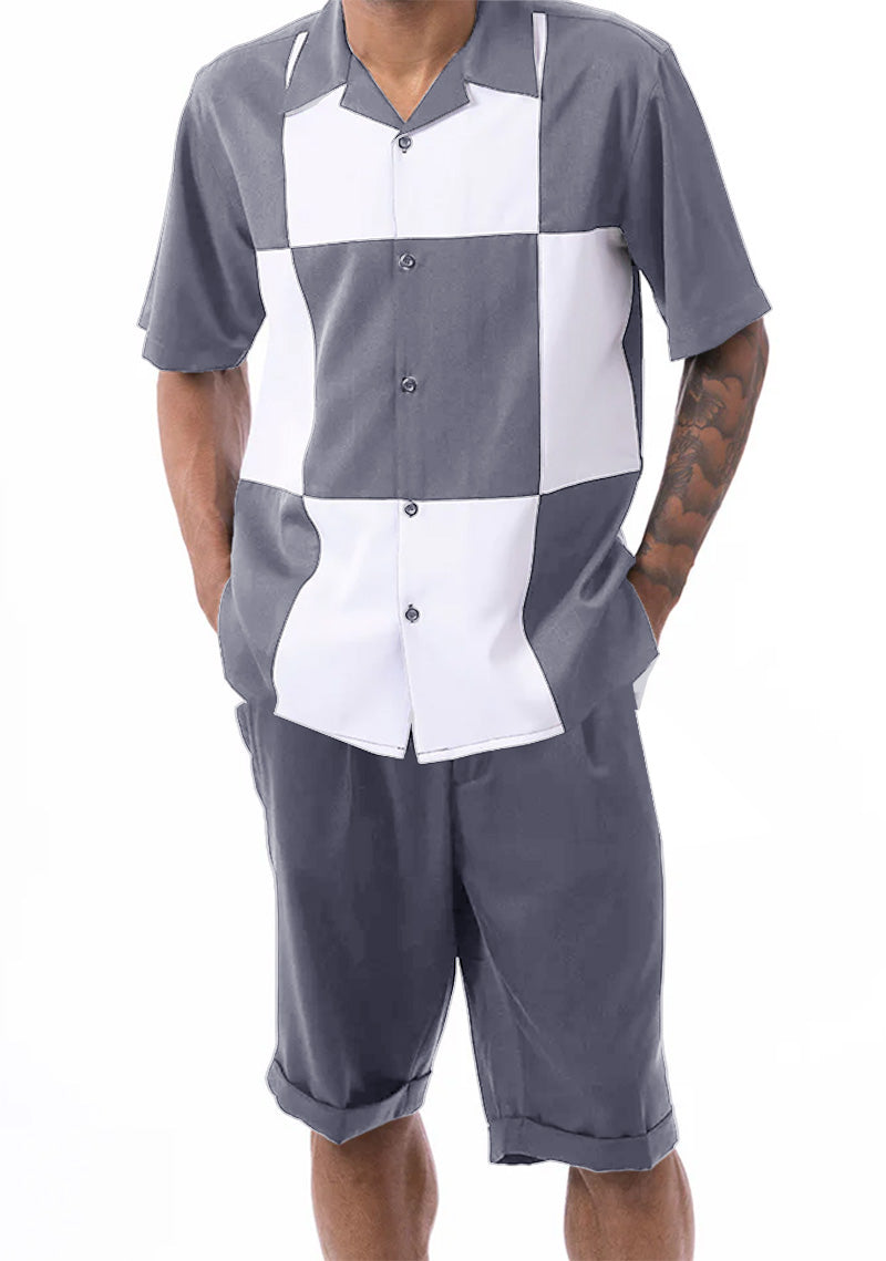 Gray Color Block Walking Suit 2 Piece Short Sleeve Set with Shorts