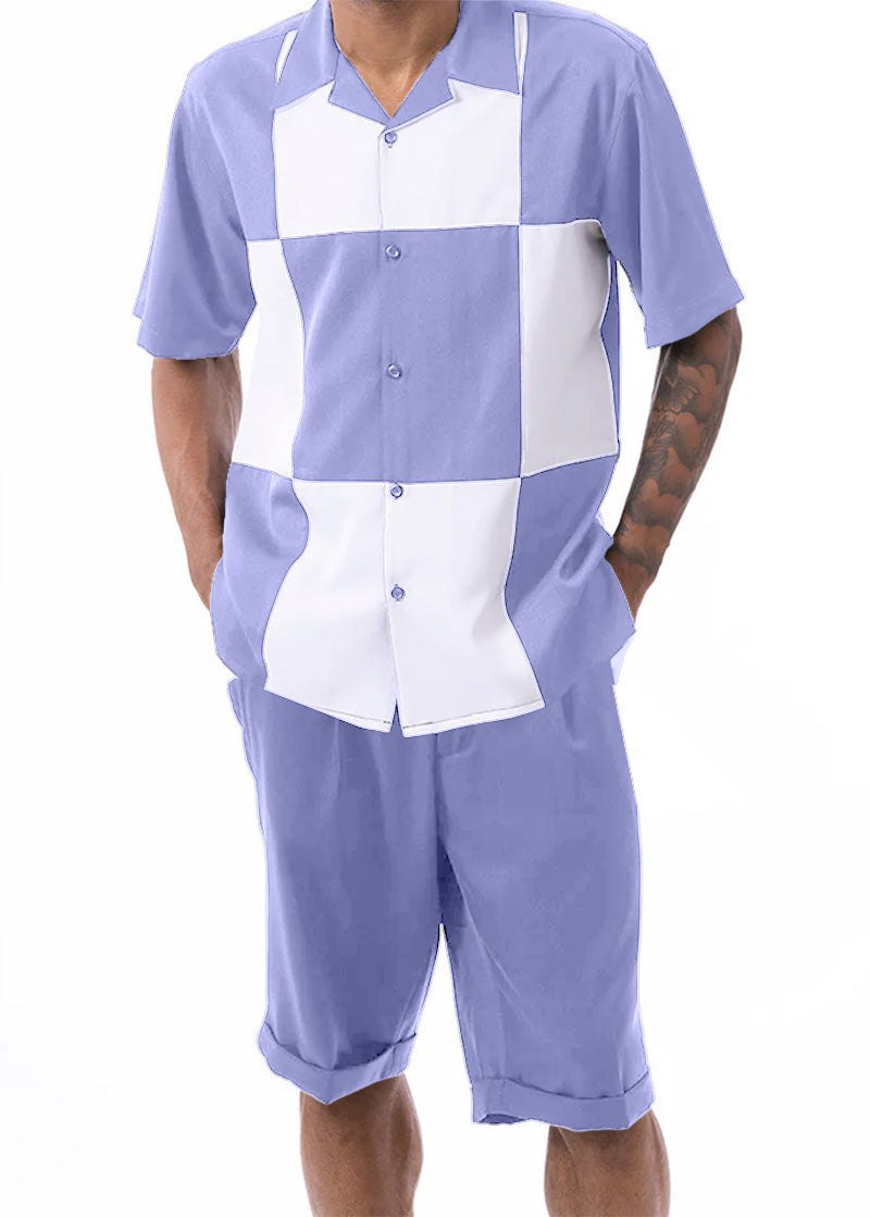 Lavender Color Block Walking Suit 2 Piece Short Sleeve Set with Shorts