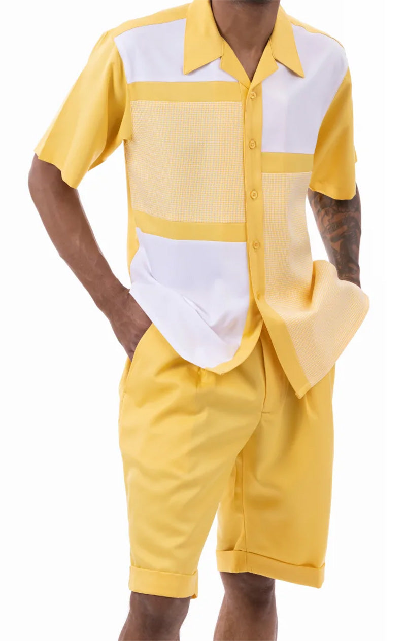 Canary Yellow Houndstooth Color Block Walking Suit 2 Piece Short Sleeve Set with Shorts