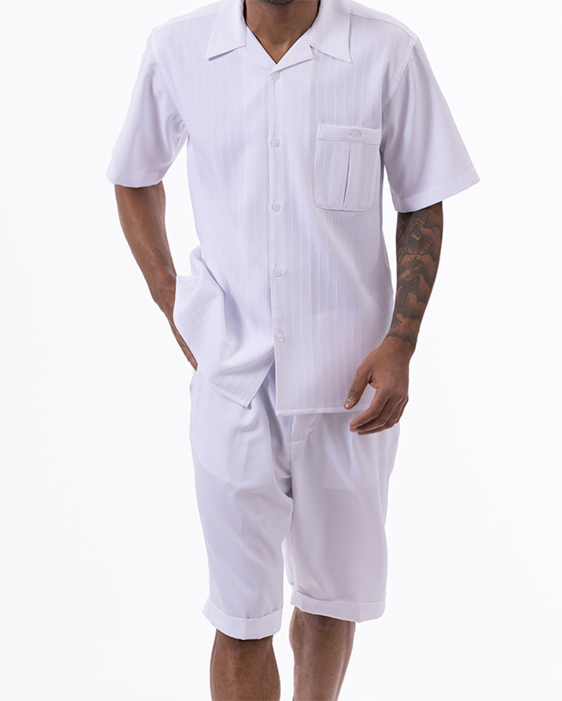 White Tone on Tone Striped Walking Suit 2 Piece Short Sleeve Set with Shorts