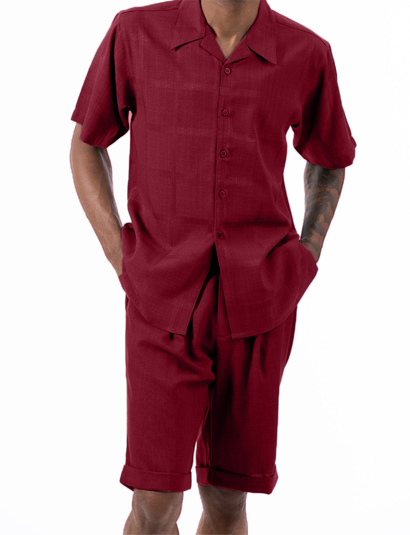 Burgundy Tone on Tone Windowpane Walking Suit 2 Piece Short Sleeve Set with Shorts
