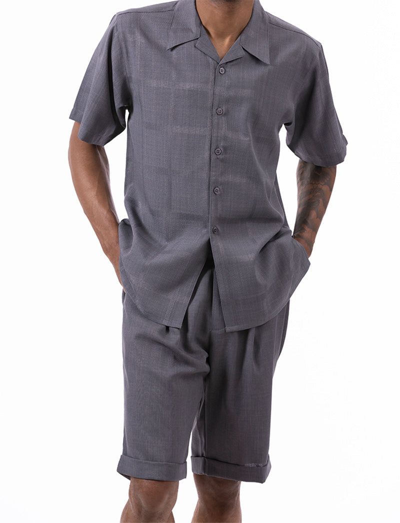 Gray Tone on Tone Windowpane Walking Suit 2 Piece Short Sleeve Set with Shorts