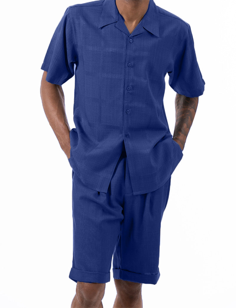 Navy Tone on Tone Windowpane Walking Suit 2 Piece Short Sleeve Set with Shorts