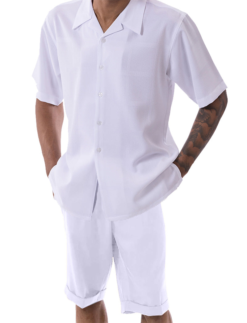 White Tone on Tone Windowpane Walking Suit 2 Piece Short Sleeve Set with Shorts