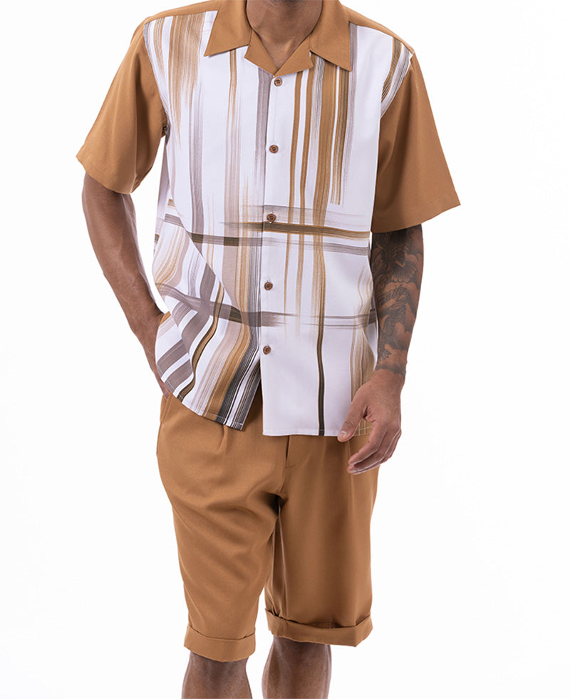 Cognac Gradient Color Stripe Design Walking Suit 2 Piece Short Sleeve Set with Shorts