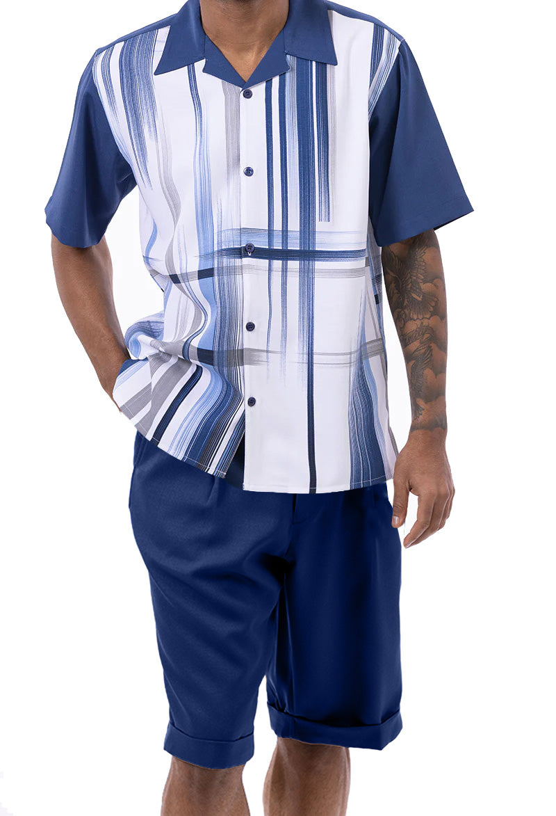 Navy Gradient Color Stripe Design Walking Suit 2 Piece Short Sleeve Set with Shorts
