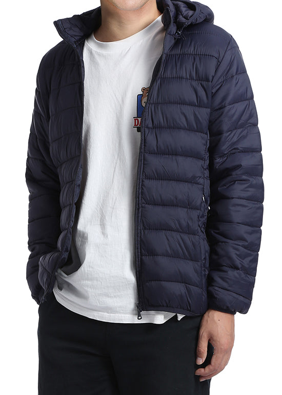 Men's Quilted Puffer Jacket with Detachable Hood in Navy