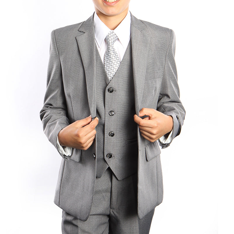 Classic Boy Suit Glen Plaid 5 Piece Set in Gray