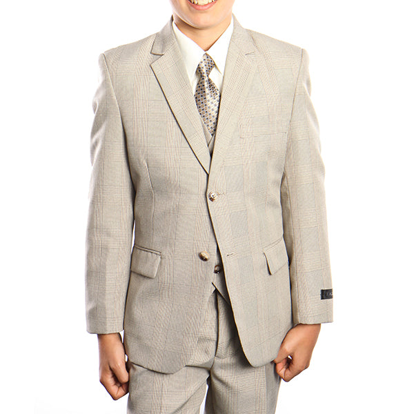 Classic Boy Suit Glen Plaid 5 Piece Set in Tan