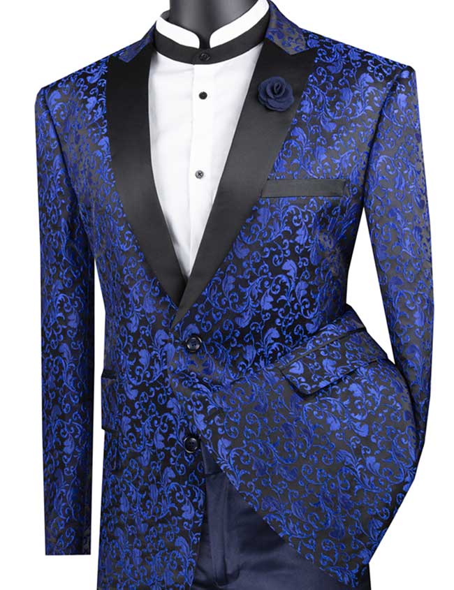 Blue Regular Fit Floral Pattern Jacket Peak Lapel | Suits Outlets Men's ...