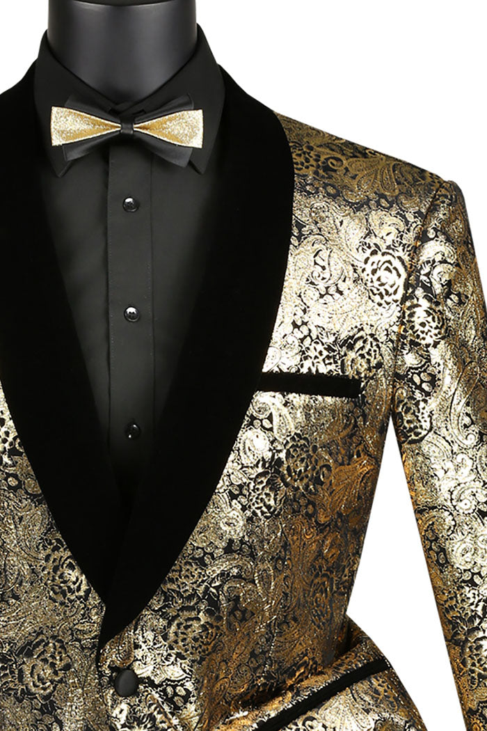 Gold Regular Fit Jacket Shawl Lapel Embossed Damask Print