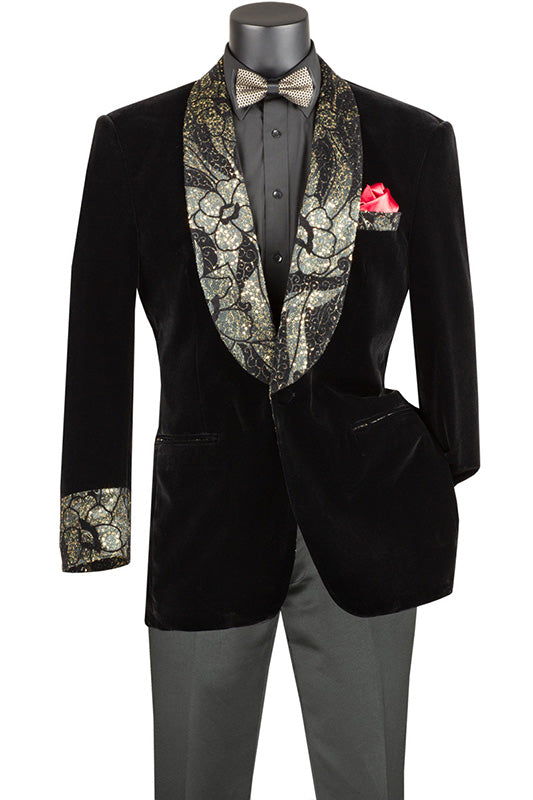 Black Regular Fit Velvet Jacket with Wide Shawl Lapel and Cuffs