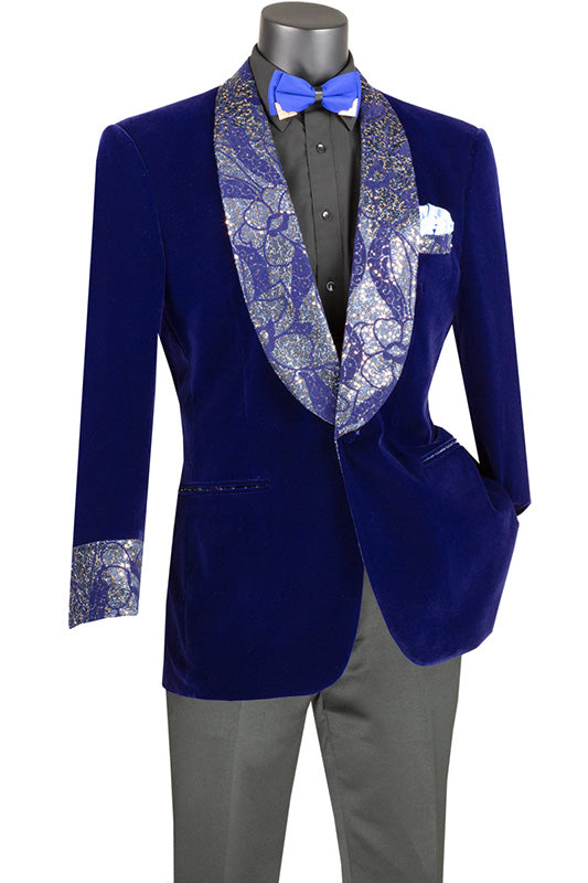 Blue Regular Fit Velvet Jacket with Wide Shawl Lapel and Cuffs
