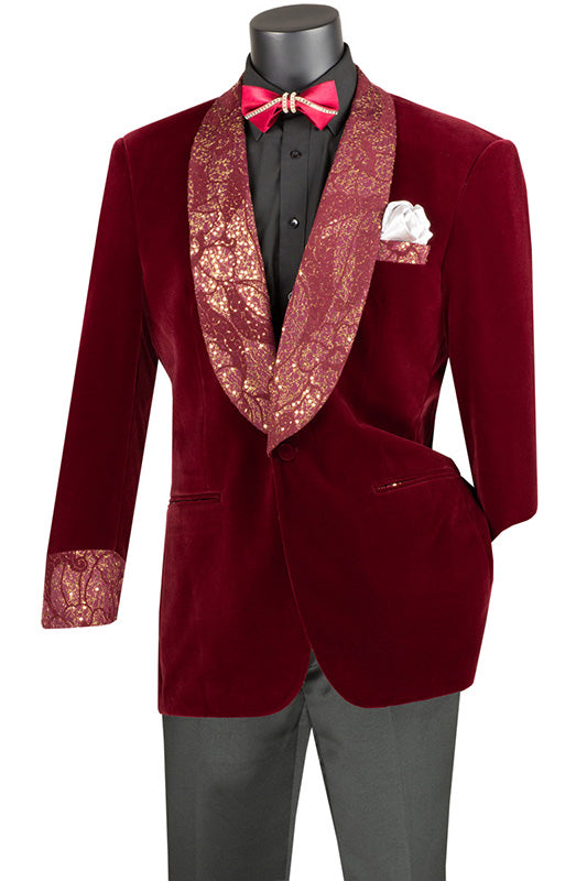 Burgundy Regular Fit Velvet Jacket with Wide Shawl Lapel and Cuffs