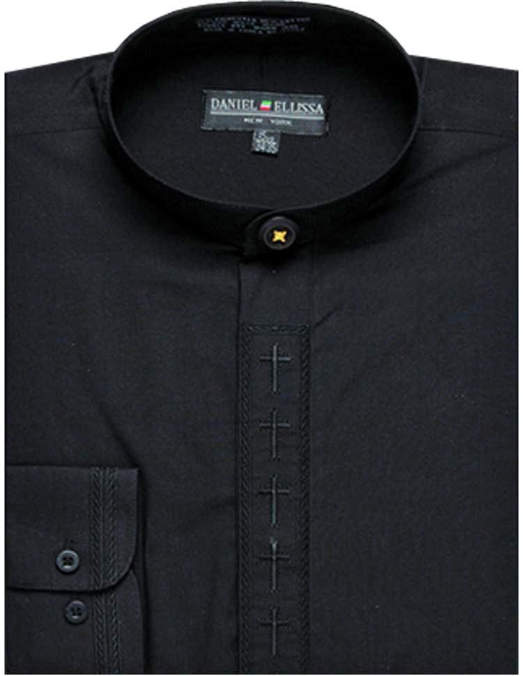 Men's Banded Collar Embroidered Shirt in Black/Black