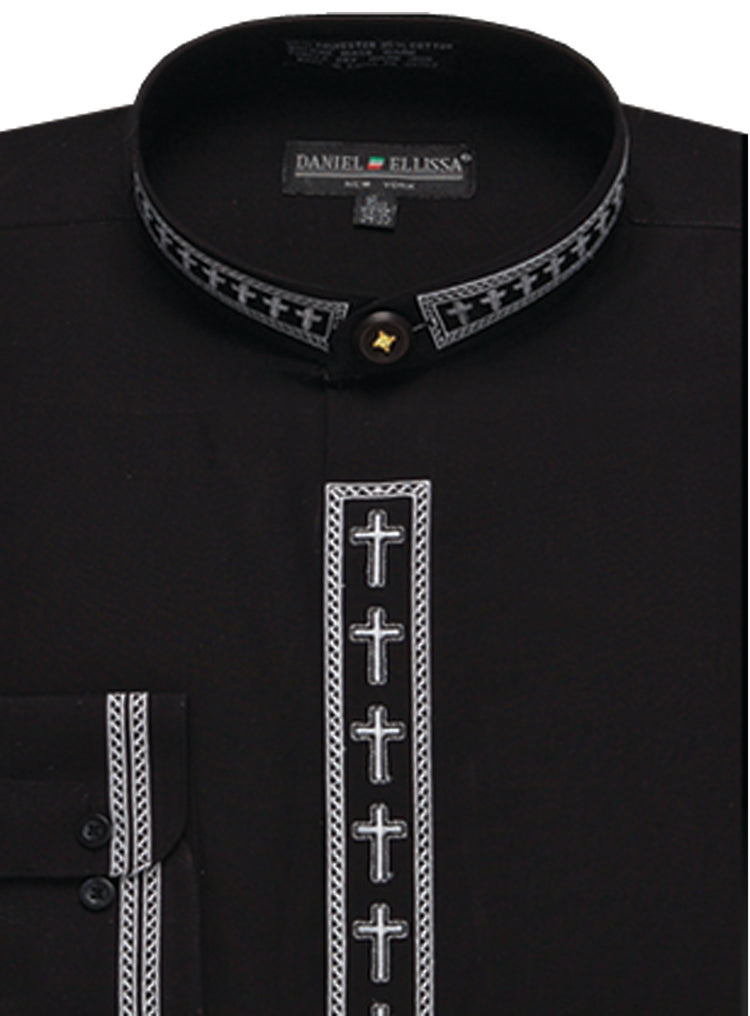 Men's Banded Collar Embroidered Shirt in Black/White