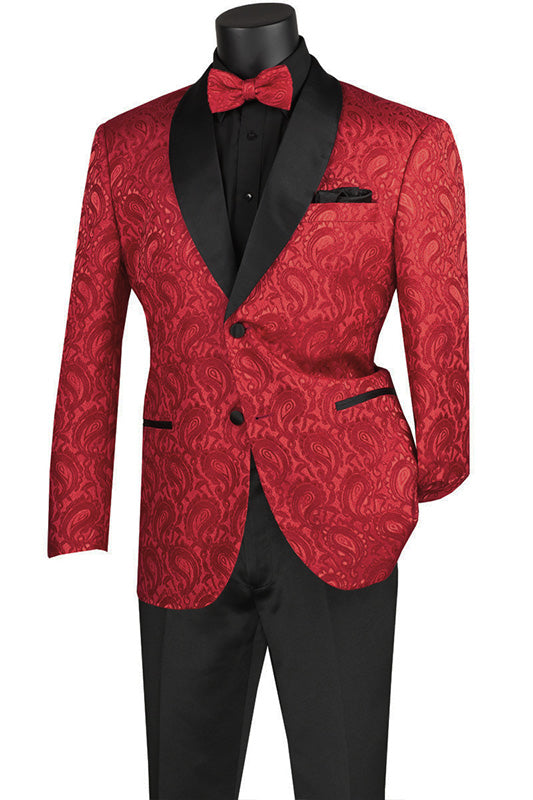 (XL) Red Modern Fit Paisley Pattern Jacquard Fabric Jacket with Bow Tie