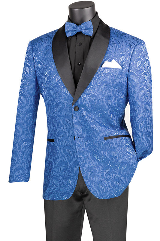 Royal Blue Modern Fit Paisley Pattern Jacquard Fabric Jacket with Bow Tie