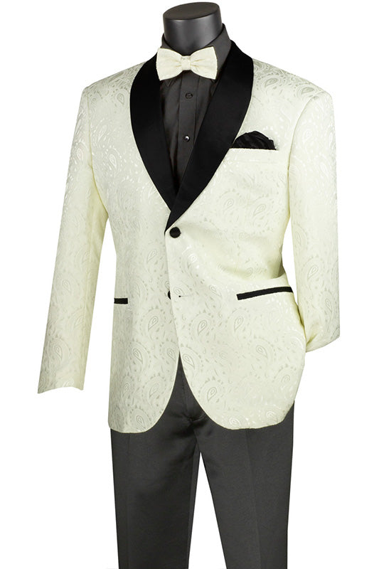 Off-White Modern Fit Paisley Pattern Jacquard Fabric Jacket with Bow Tie