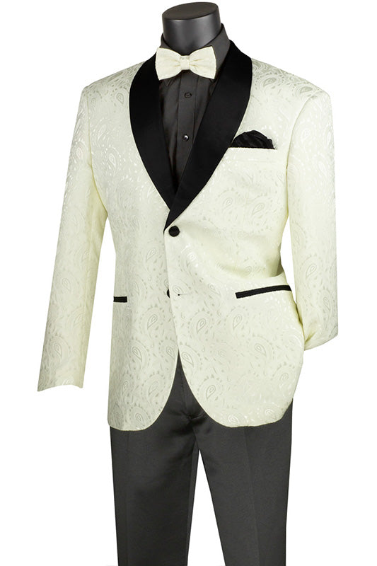 (5XL) Off-White Modern Fit Paisley Pattern Jacquard Fabric Jacket with Bow Tie
