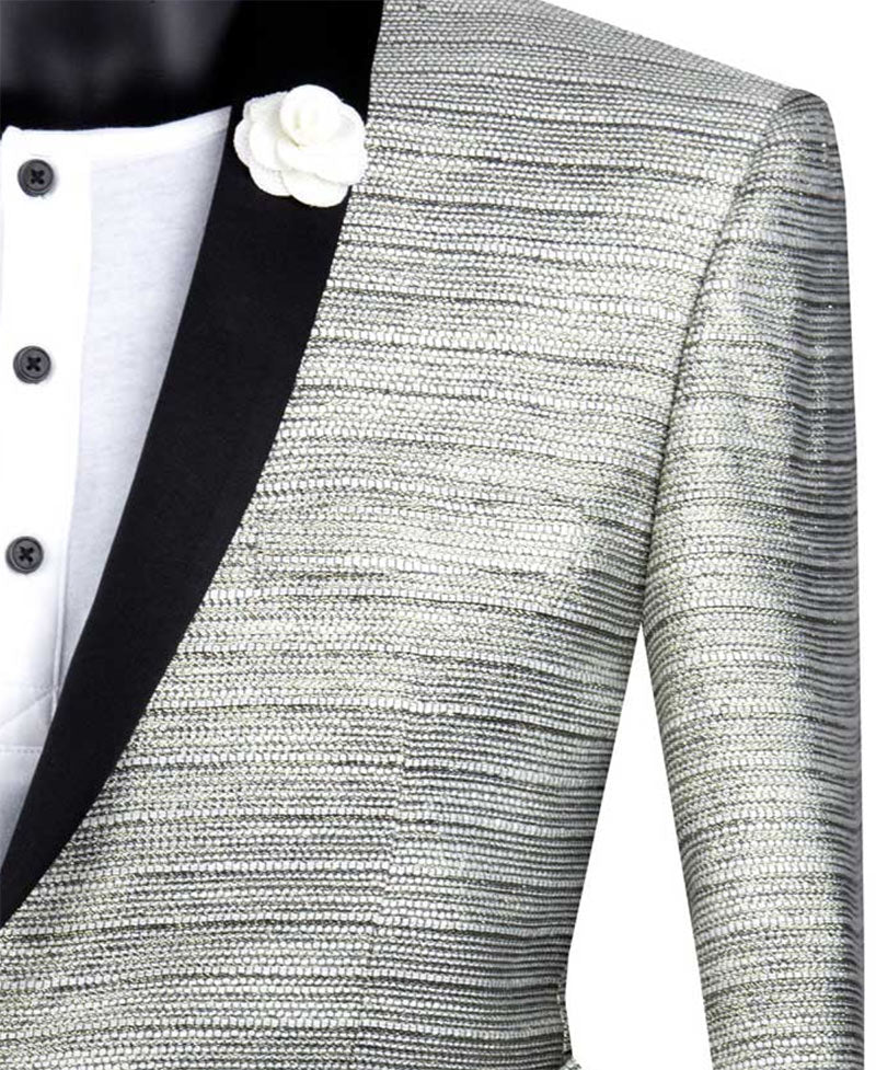 (3XL) Silver Metallic Stripe Slim Fit Jacket 2 Button Shawl Lapel