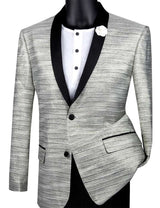 (3XL) Silver Metallic Stripe Slim Fit Jacket 2 Button Shawl Lapel