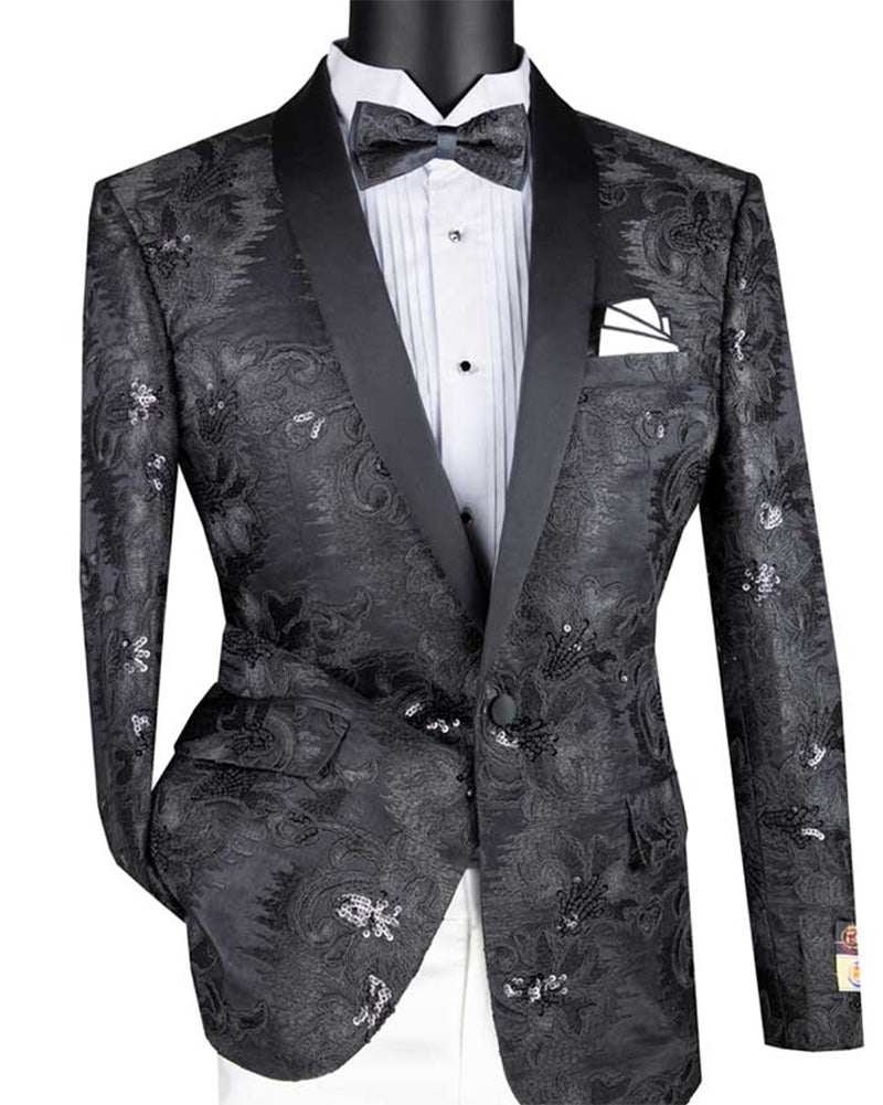 Silver Embroidery Slim Fit Jacket Shawl Lapel with Bow Tie