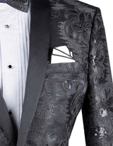 (4XL) Black Embroidery Slim Fit Jacket Shawl Lapel with Bow Tie