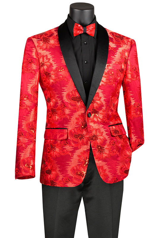 Red Embroidery Slim Fit Jacket Shawl Lapel with Bow Tie | Suits Outlets ...