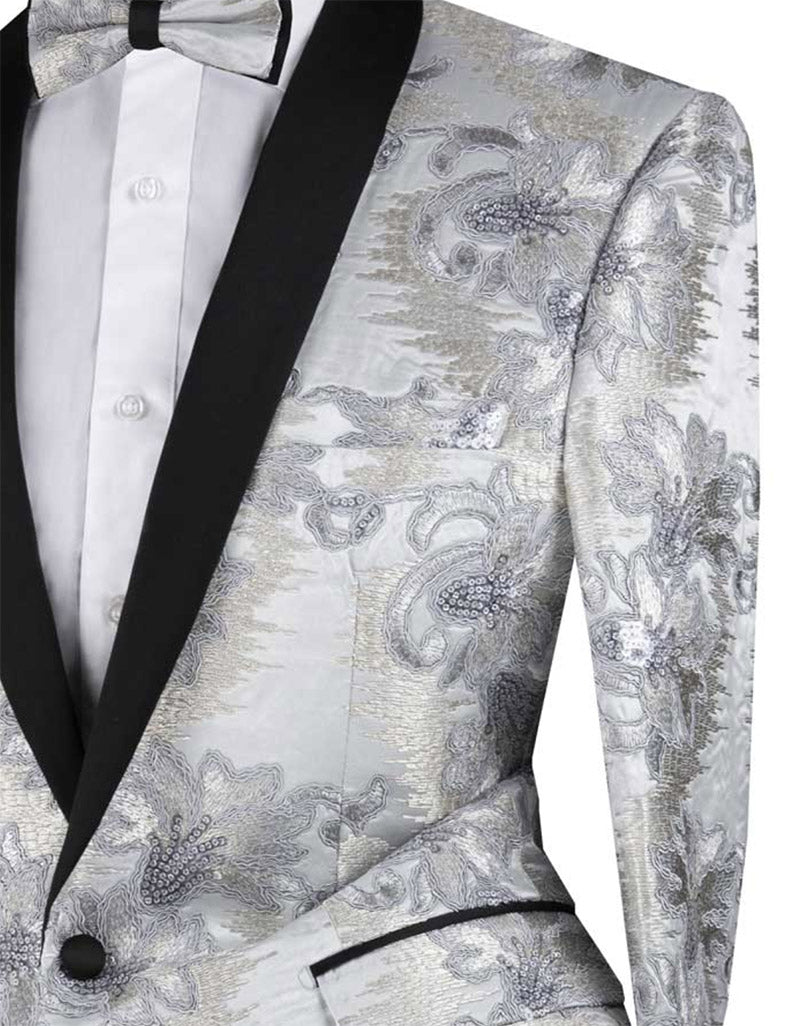 Silver Embroidery Slim Fit Jacket Shawl Lapel with Bow Tie | Suits ...