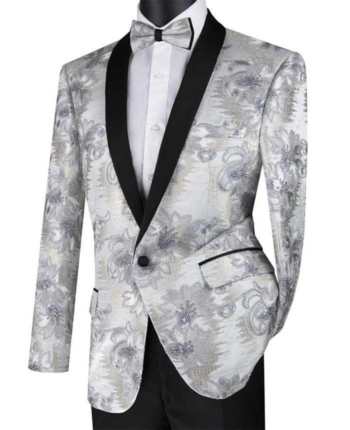 Silver Embroidery Slim Fit Jacket Shawl Lapel with Bow Tie