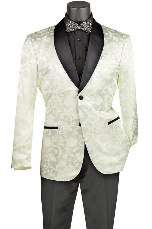 (M, 4XL) Ivory Slim Fit Jacket Silky Jacquard Fabric with Bow Tie