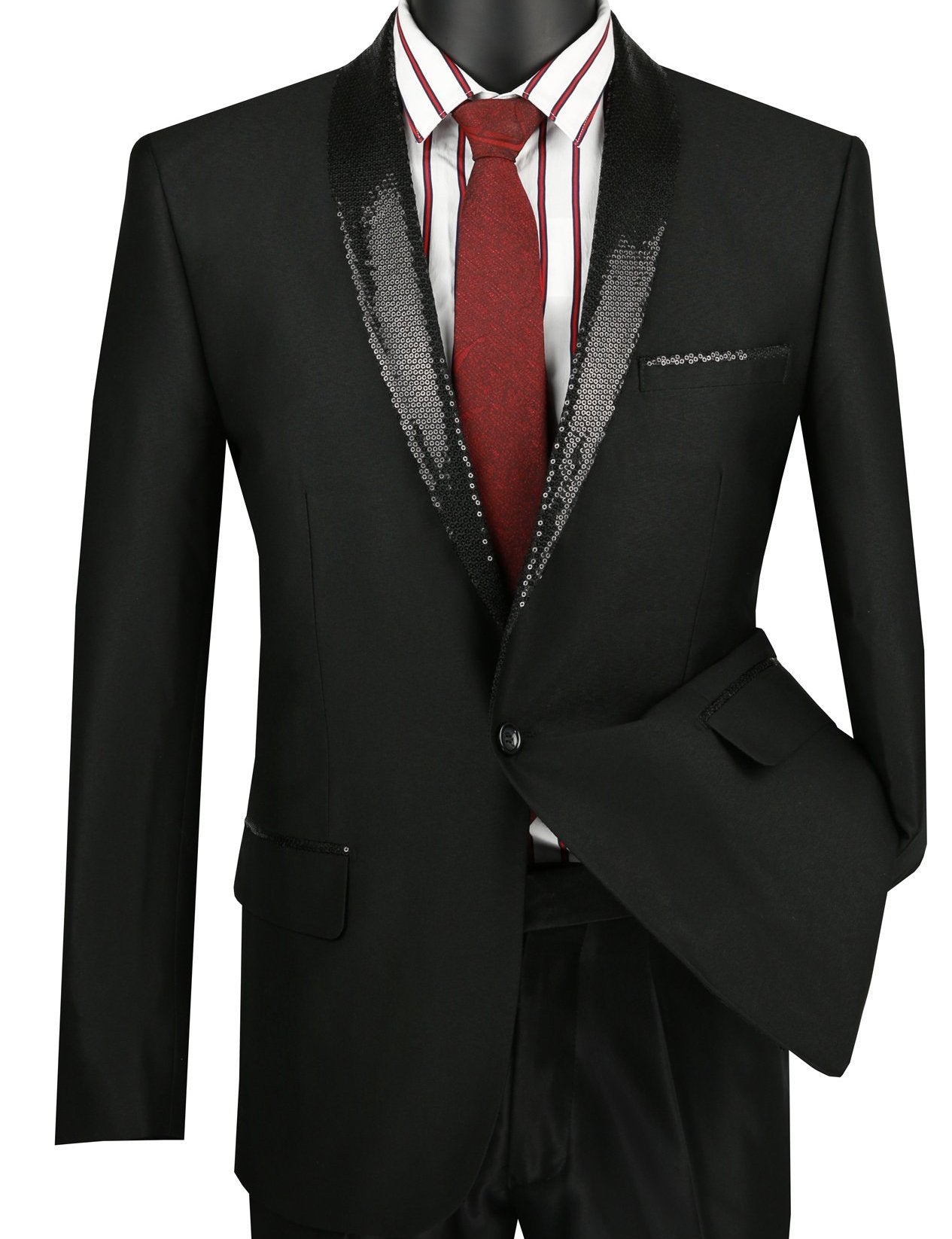 Slim Fit Black Shiny Sharkskin Party Jacket With Sequins Lapel