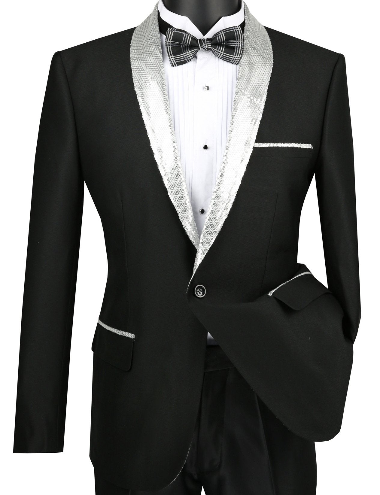 Slim Fit Black Shiny Sharkskin Party Jacket With Silver Sequins Lapel