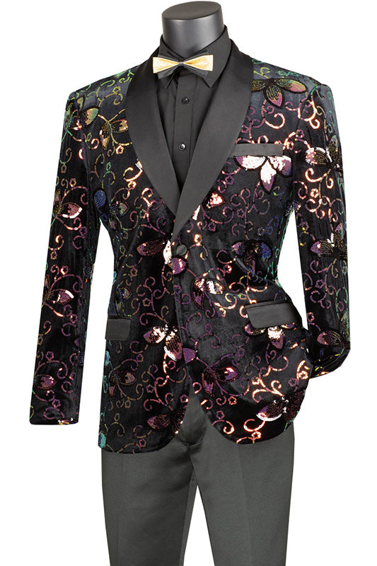 Black Slim Fit Velvet Sequin Floral Pattern Jacket