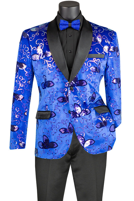 Royal Blue Slim Fit Velvet Sequin Floral Pattern Jacket