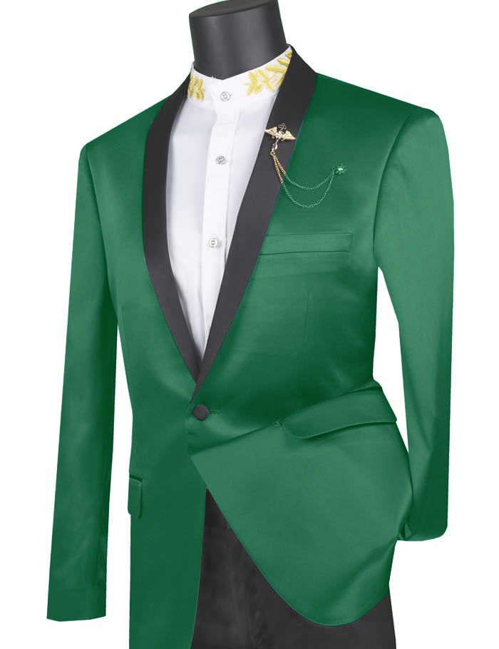 Green Slim Fit Blazer Stretch Sateen 1 Button With Narrow Shawl Lapel