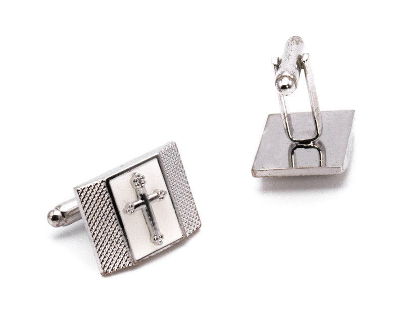 Silver Cross on White Men's Cuff Links Accessory Box
