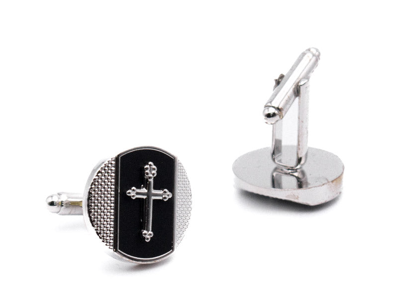 Silver Cross on Black Round Men's Cuff Links Accessory Box