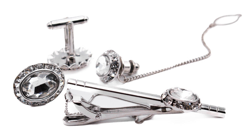 Crystal Silver Men's Accessory Box 4 Piece Collection Set